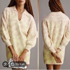 Anthropologie V-Neck Sweater Dress in Cream and Yellow